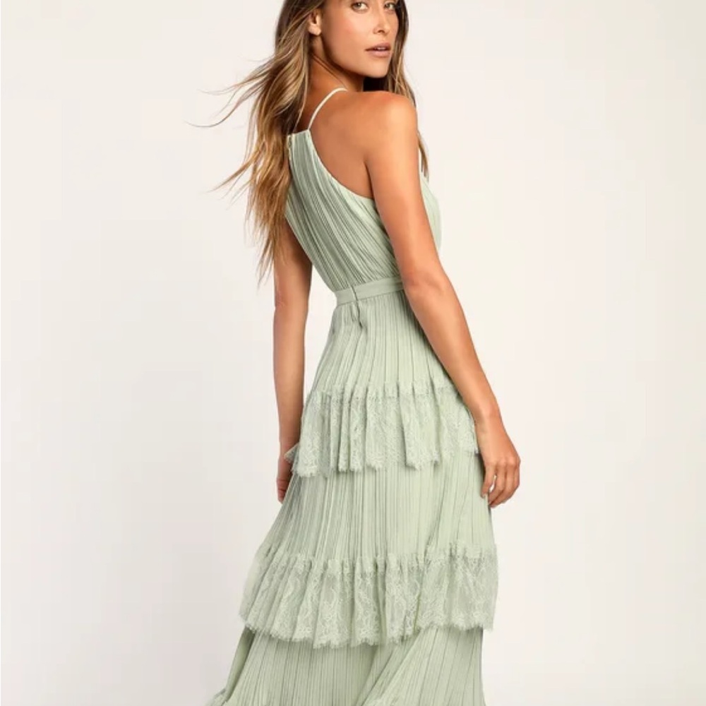 Lulus Came For Cocktails Sage Green Pleated Tiered Lace Maxi Dress